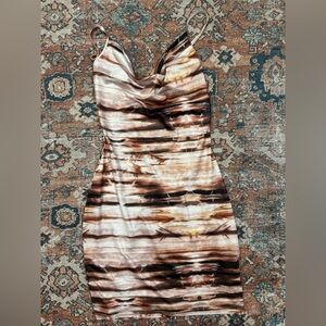 Femme La Striped Animal Print Y2K  Brown and Cream Cowl Neck Mini Dress